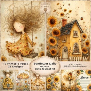 Goldene Sonnenblume Junk Journal Kit Printable Seiten Vintage Biene