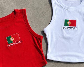 Portugal Flagge Crop Tank Top besticktes Fußball-Shirt, Womens Futbol Fan Bekleidung, Patriotic Y2K Gameday Cami