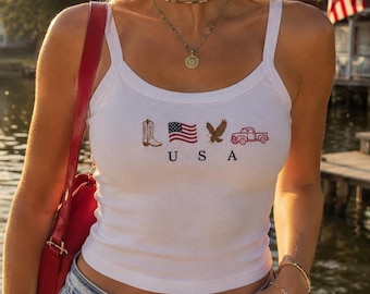 Koszulka z haftowanymi ikonami USA | Koszulka AmericaTank | Koszulka z okazji 4 lipca | Koszula w stylu country, western, kowbojska