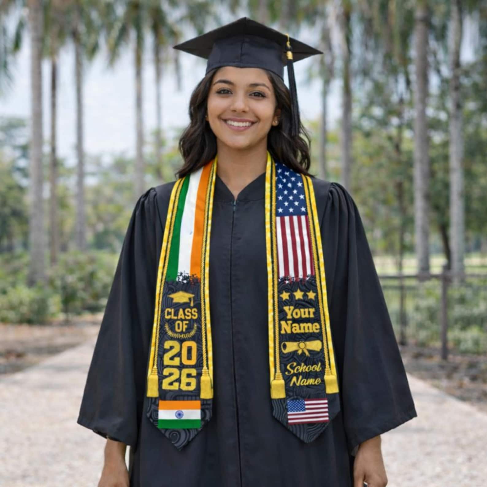 Personalized Dual Flag Graduation Stole, Custom Senior Sash With Name ...