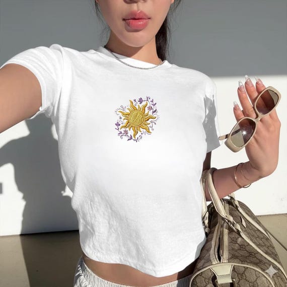 Embroidered Rapunzel Sun Baby Tee, Tangled Celestial Sun Crop Shirt, Vintage Princess Disney Girls Trip Outfit 2026
