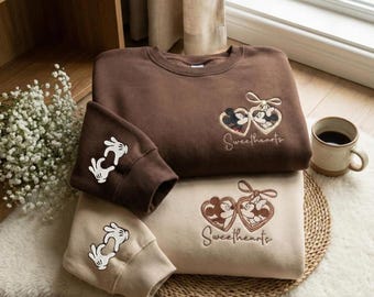 Embroidered Mouse Couple Locket Coquette Sweatshirt, Disneyland Embroidery Sweater, Sweatheart Valentine Outfit, Couple Valentine Hoodie
