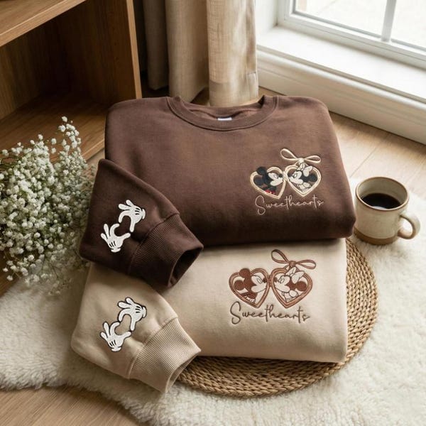 Embroidered Mouse Couple Locket Coquette Sweatshirt, Disneyland Embroidery Sweater, Sweatheart Valentine Outfit, Couple Valentine Hoodie
