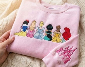 Archivo de bordado a máquina de princesas de Disney, bordado de Tierra Mágica, viaje de Disney para niñas, sudadera con capucha bordada de la familia de las princesas