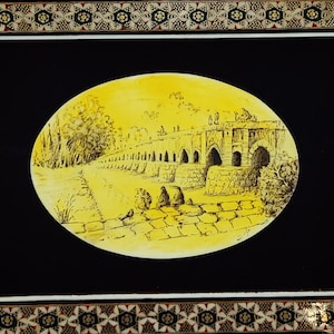 Riverside Vista: A Persian Miniature Painting on Camel Bone by Farasat