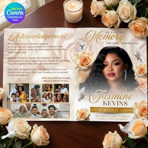 Può includere: Un programma funebre con un ritratto di Jasmine Kevins, il testo In Loving Memory, March 8, 1983 - November 5, 20XX, e Acknowledgment. Il design include rose color pesca, colombe bianche e un collage di foto su uno sfondo color crema.