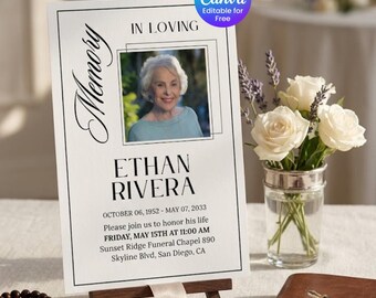 Modern Editorial Funeral Program Template, Minimalist Celebration of Life Program, Editable Canva Obituary Template (Instant Download)