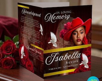 Modello Canva per programma funebre rosso, celebrazione della vita, programmi funebri modificabili, modelli di necrologio in amorevole memoria, necrologio funebre