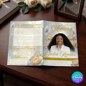 Editable Funeral Program Template, Celebration of Life Design, Obituary Template Canva, Memorial Service Program (Instant Download) image 1