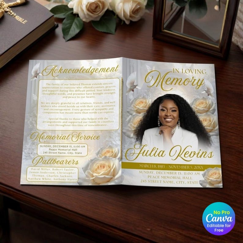 Editable Funeral Program Template, Celebration of Life Design, Obituary Template Canva, Memorial Service Program (Instant Download) image 1