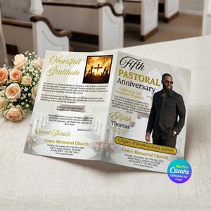 May include: A folded church program for a Fifth Pastoral Anniversary featuring a photograph of a man in a dark suit, the text Heartfelt Gratitude, and event details for Grace Memorial Church in Detroit, MI, with a small circular Canva logo.