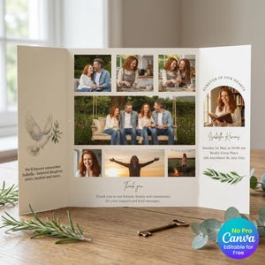 May include: A beige memorial card with multiple photos and text. The card includes a dove illustration, the words "Forever in our hearts," and "Thank you." The card is a tribute to Isabella, with a date and location.