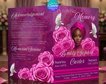 Modello Canva per programma funebre con rosa rosa, programma per la celebrazione della vita, libretto commemorativo per il necrologio (download immediato)