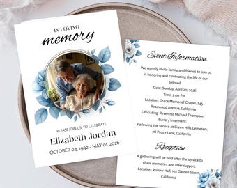 Elegant Blue Funeral Invitation Template, Celebration of Life, Memorial Announcement (Canva Editable, Instant Download)