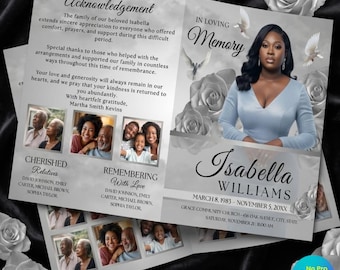 Elegante programma funebre con rose bianche e argento (8 pagine) In ricordo del defunto, necrologio, programma commemorativo, modello funebre Canva (download immediato)