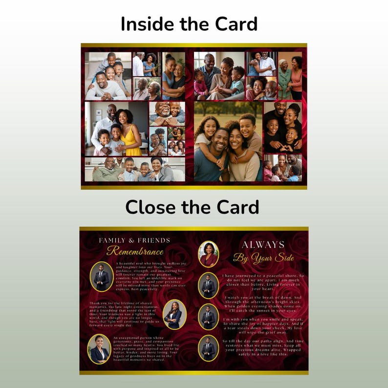 K&ouml;nnte beinhalten: Eine Gedenkkarte mit einem bordeauxroten und goldenen Design. Die Innenseite zeigt Familienfotos. Die untere H&auml;lfte enth&auml;lt Text und Portr&auml;ts mit den S&auml;tzen "Family & Friends Remembrance" und "Always By Your Side."