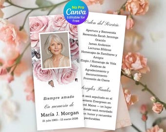 Soft Rose Funeral Program Template, Celebration of Life, Memorial Program (Canva Editable, Instant Download)