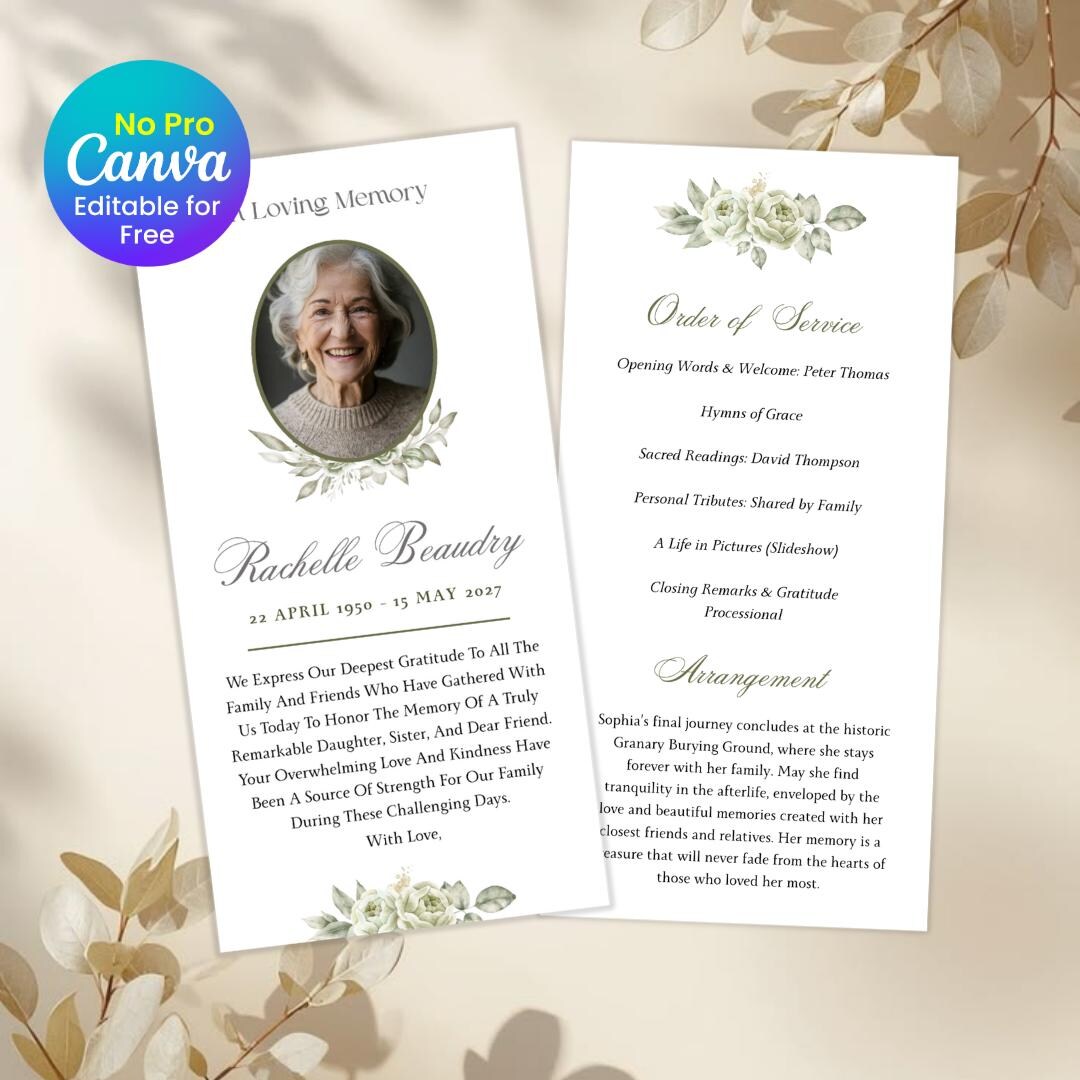 Double-sided Funeral Program Template, Celebration of Life Design ...
