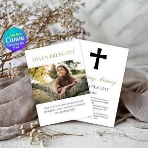 Invito funebre con decorazioni floreali, annuncio commemorativo fronte-retro per Canva (download immediato)