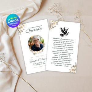 May include: Two white memorial cards with floral accents. One card features a photo of a woman, the text "Querida", and dates. The other card has a dove and cross symbol and Spanish text. The Canva logo is visible.