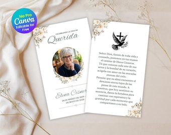 Modello di biglietto di preghiera funebre "En Memoria", ricordo commemorativo in spagnolo (Canva, download immediato)