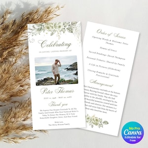 May include: A memorial service program featuring a photograph of a person on a coastline. The program includes the name "Peter Thomas" and dates, with text that reads "Celebrating" and "Thank you." Floral accents and service details are also included.