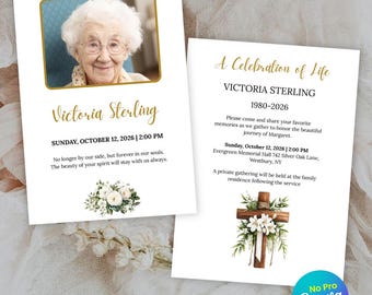 Greenery Funeral Invitation Template, Double-Sided, Celebration of Life, Funeral Announcement (Canva Editable Instant Download)