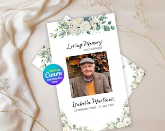 Floral Funeral Prayer Card Template, Memorial Obituary Card, Sympathy Card Canva Editable (Instant Download)