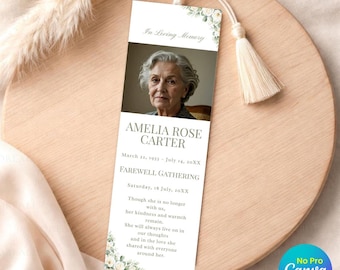 Modello di segnalibro funebre color rosa tenue, modello per necrologio su Canva, ricordo commemorativo (download immediato)