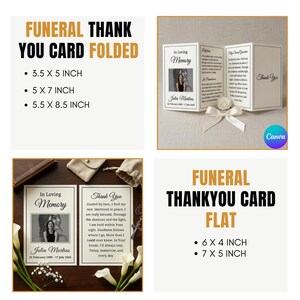 Peut inclure: Cartes de remerciement fun&eacute;raires pli&eacute;es et plates. Les cartes pli&eacute;es sont disponibles en 8,9 x 12,7 cm, 12,7 x 17,8 cm et 14 x 21,6 cm. Les cartes plates sont en 15,2 x 10,2 cm et 17,8 x 12,7 cm. Les cartes comportent une photo et du texte.