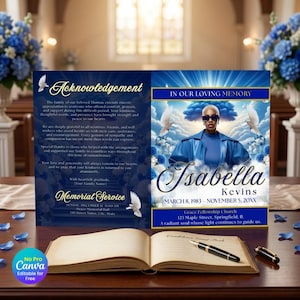 May include: A memorial service program featuring a blue background with white clouds, doves, and a portrait of Isabella Kevins wearing sunglasses. The text includes Acknowledgement, In Our Loving Memory, and service details. An open guest book lies below.