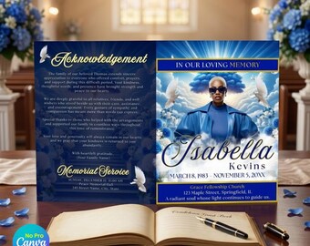 Blue Funeral Program Template, Celebration of Life, Obituary Program Canva, Memorial Booklet (8 Pages, Instant Download)