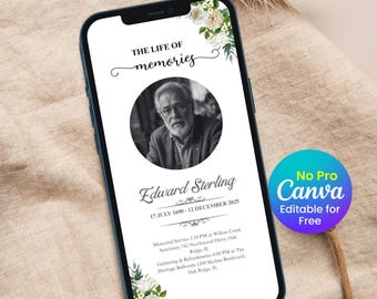 Floral Funeral Evite Template, Digital Memorial Invitation, Electronic Funeral Announcement (Canva Editable, Instant Download)