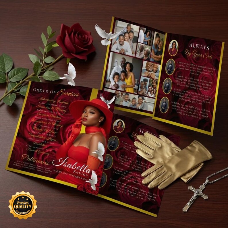 K&ouml;nnte beinhalten: Ein Gedenkprogramm mit rotem und goldenem Design, das ein Foto einer Frau in rotem Kleid und Hut zeigt. Das Programm enth&auml;lt den Text "Order of Services" und "Always By Your Side". Goldene Handschuhe und eine Kreuzkette sind ebenfalls sichtbar.