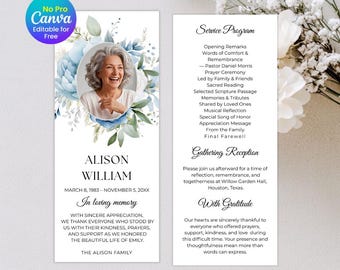 Modello di programma commemorativo "Soft Rose", design Canva per la celebrazione della vita (download immediato)