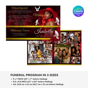 K&ouml;nnte beinhalten: Ein Gedenkprogramm mit einer Fotocollage und Text. Das Programm zeigt ein Portr&auml;t einer Frau mit rotem Hut, Tauben und floralen Akzenten. Der Text enth&auml;lt "In Loving Memory" und "Memorial Service". Das Programm ist in drei Gr&ouml;&szlig;en erh&auml;ltlich.