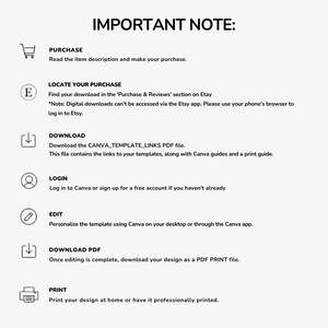 Peut inclure: Un fond blanc avec du texte noir et des ic&ocirc;nes expliquant les &eacute;tapes pour acheter, t&eacute;l&eacute;charger et imprimer un mod&egrave;le num&eacute;rique. Le texte comprend des instructions pour trouver l'achat sur Etsy et modifier le mod&egrave;le avec Canva.