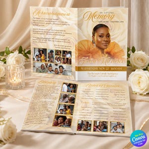 May include: A funeral program template featuring a portrait of a person in an orange top, gold text, and floral background. The document includes sections for an acknowledgement, obituary, and order of service, with multiple small photo frames.
