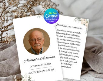 Elegant Floral Funeral Prayer Cards, Memorial Obituary Template Canva (Instant Download)