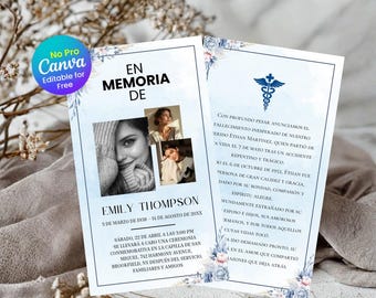 Cartolina funebre spagnola con preghiera, cartolina commemorativa religiosa con croce, modello modificabile Canva per necrologio stampabile (download immediato)