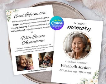 Beige Floral Funeral Invitation Template, Celebration of Life, Funeral Announcement (Canva Editable, Instant Download)