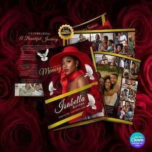 K&ouml;nnte beinhalten: Ein Gedenkprogramm mit einem rot-goldenen Design. Das Programm zeigt ein Foto einer Frau mit rotem Hut, den Namen "Isabella Kevins" und die Daten 8. M&auml;rz 1983 - 5. November 20XX. Der Hintergrund ist ein Muster aus roten Rosen.