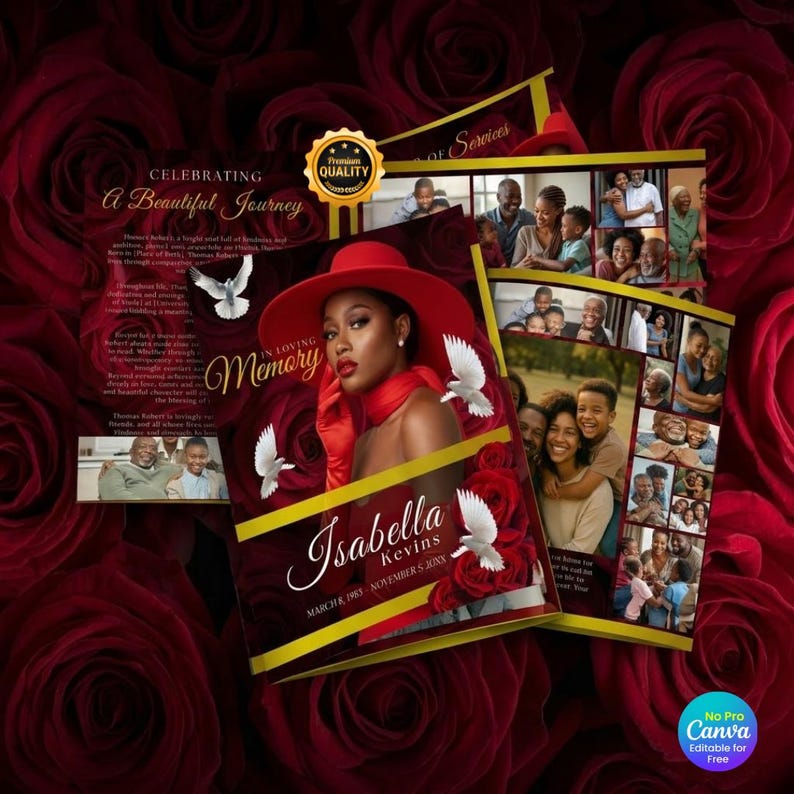 K&ouml;nnte beinhalten: Ein Gedenkprogramm mit einem rot-goldenen Design. Das Programm zeigt ein Foto einer Frau mit rotem Hut, den Namen "Isabella Kevins" und die Daten 8. M&auml;rz 1983 - 5. November 20XX. Der Hintergrund ist ein Muster aus roten Rosen.