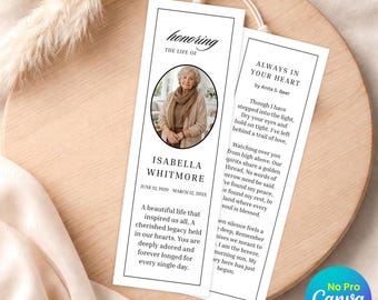 Elegante modello di segnalibro funebre, ricordo commemorativo su Canva (download immediato)