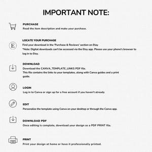 K&ouml;nnte beinhalten: Eine wei&szlig;e Grafik mit dem Text "IMPORTANT NOTE:" und Anweisungen zum Kauf, Herunterladen und Drucken einer digitalen Vorlage. Enth&auml;lt Symbole f&uuml;r jeden Schritt, wie einen Einkaufswagen, einen Download-Pfeil und einen Drucker.