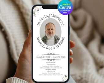 Editable Funeral Evite Template, Digital Memorial Invitation, Electronic Funeral Announcement (Canva Instant Download)