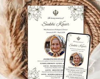 Modello digitale di invito funebre Sikh, Antam Sanskar Ardaas, cartolina commemorativa fotografica, Canva modificabile, WhatsApp, Waheguru Embrace A5