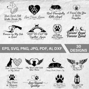Op de afbeelding: Een verzameling van 30 zwart-wit gedenktekens voor huisdieren. Elk ontwerp bevat een silhouet van een hond of kat, pootafdrukken, harten en zinnen als "Liefde gaat nooit weg" en "Voor altijd trouw, voor altijd geliefd".