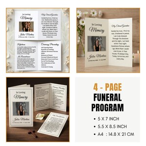 Peut inclure: Un programme fun&eacute;raire de 4 pages avec le texte "In Loving Memory" et le nom "Julia Martins". Le programme comprend une photo et un texte comm&eacute;moratif. Les tailles disponibles sont 5 x 7 pouces, 5,5 x 8,5 pouces et A4 (14,8 x 21 cm).