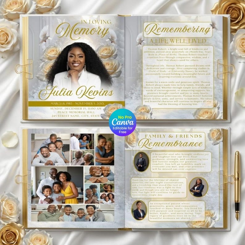 Editable Funeral Program Template, Celebration of Life Design, Obituary Template Canva, Memorial Service Program (Instant Download) image 5